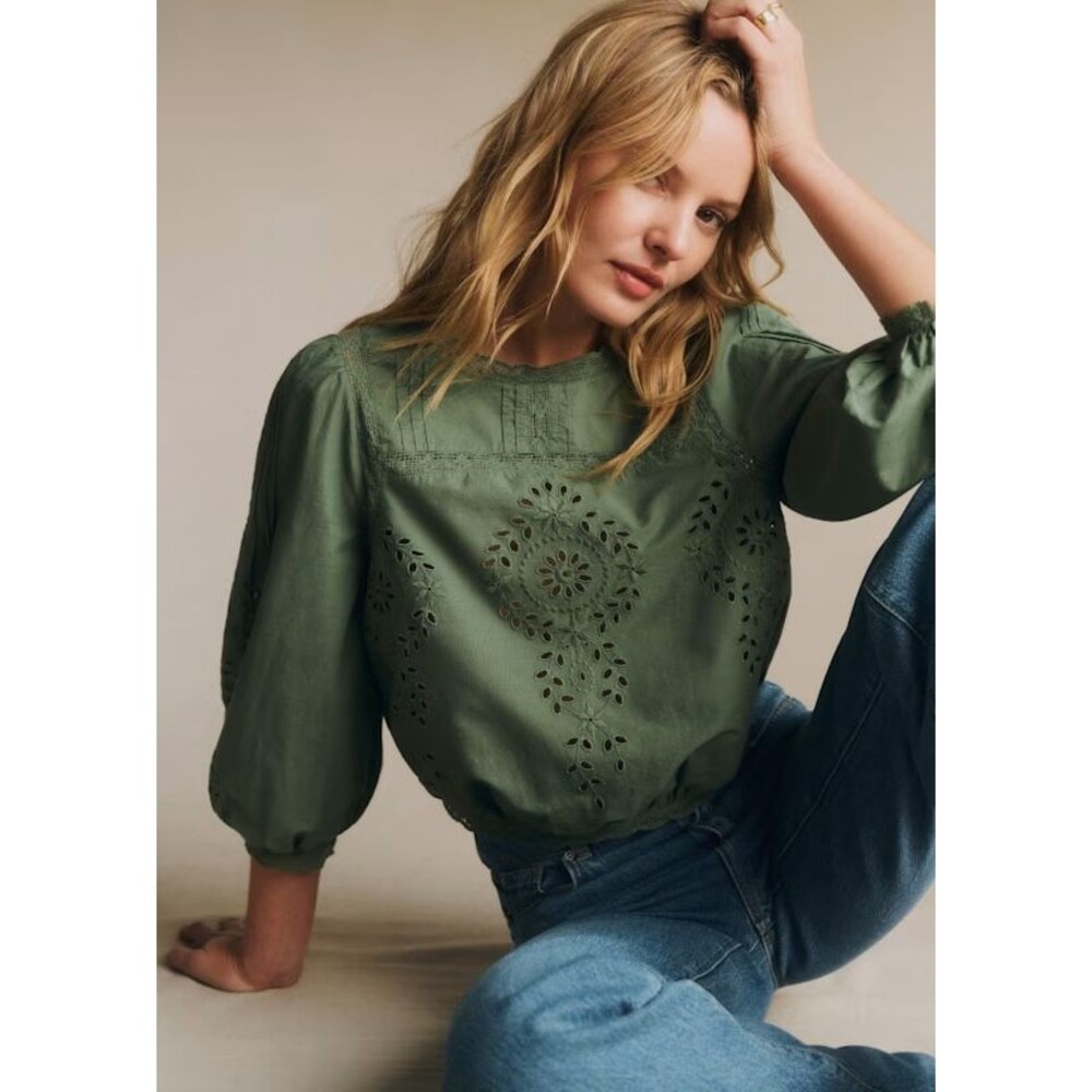 Sezane Enea Blouse Women's Top Eyelet Lace Embroidered Cotton Sage S-36 288882 - Picture 1 of 9